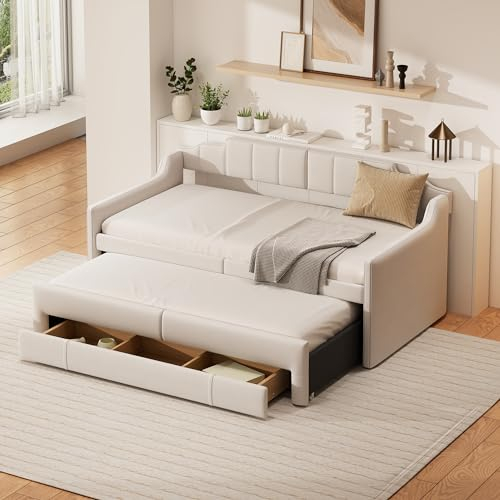 Dolamaní Tagesbett 90x200 Ausziehbar, Einzelbetten Bettrahmen Bett mit Schubladen, Polsterbett Schlafsofa Klein für Kinder Jugendliche Erwachsene Gäste (Beige)