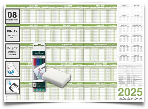 Kalenderoutlet DIN A2 Personalplaner 2025/26, Urlaubsplaner 2025 Planer ist feucht abwischbar 59,4x42,0 cm für bis zu 8 Mitarbeiter mit 4 non-permanent Marker gerollt geliefert