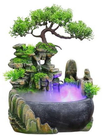 11-Inch Tabletop LED Waterfall Fountain with Atomizer – Quiet Resin Rockery Mist Humidifier for Bedroom, Office, Meditation or Gift Décor