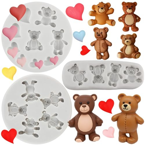MYPRACS Bear Silicone Moulds Heart Fondant Moulds Set of 3 | Sugar Cake Decorating Cupcake Topper Chocolate Gum Paste Candy Polymer Clay