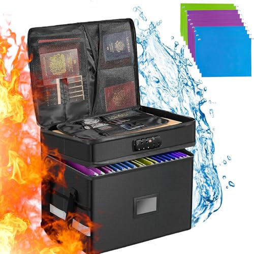 Aolawco Fireproof Document Box with Lock, 2 Layer Collapsible Document Storage Box with 10pcs Suspension Files, Portable Office Safe File Storage with Reflective Strip for Legal Size(Not Dividers)