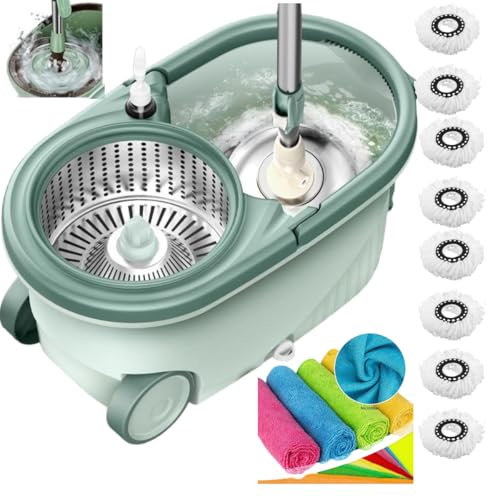 SWISSPACK Ultimate Heavy Duty Spin Mop and Buckets Sets, Microfibre Flat Mop Bucket, Telescopic Handle & 8 Reusable Pads for Hardwood Laminate Tile Floors - Cleaning Gloves Included. (COMBO X 8)