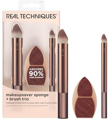 Real Techniques Set de esponja Makeupsaver + brochas para fórmulas líquidas o en crema, acabado natural, minimiza residuos, sin látex ni crueldad, incluye 3 herramientas de maquillaje
