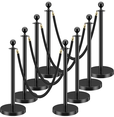 LOVMOR Crowd Control Stanchion, Set with 5 ft/1.5 m Red Velvet Rope, Set of 8 Pieces, Stanchion Rope Divider, Black Queue Barrier Line Divider with Fillable Plastic Base, Airport