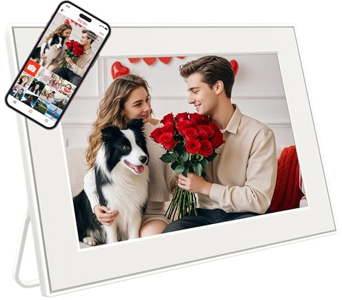 10.1 Inch WiFi Digital Photo Frame, 32GB Frameo Picture Frame, 1280x800 HD IPS Touch Screen, Auto-Rotate, Instant Photo/Video Sharing via Frameo App, Wall Mountable, White