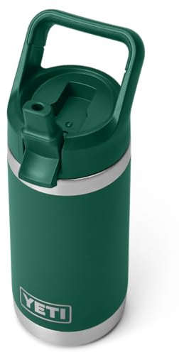 YETI Rambler Jr 12 oz (355 ml) Kids Water Bottle, Black Forest Green | Kids Stainless Steel Water Bottle with 100% Leakproof Straw Cap, Insulated to Keep Drinks Cold