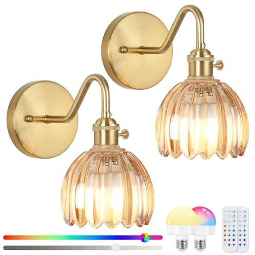 EIDEARAY Battery Operated Wall Lights,Rechargeable Wall Lights with RGB Dimmable Remote Control,Rechargeable Gold Wall Light,Amber Tulip Glass Lampshade for Living Room Bedroom Hallway 2-Pack