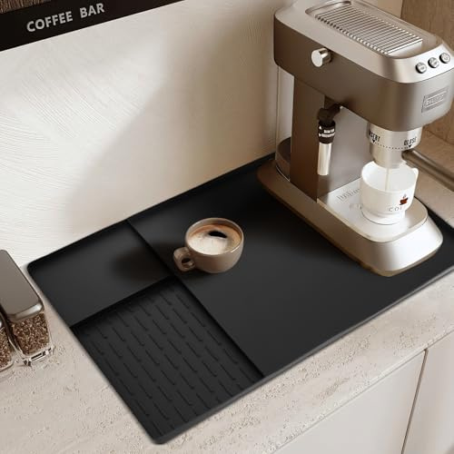 BTBHIHO Coffee Machine Mat Non-Slip for Kitchen Counter | 60.8x40.5cm, food-grade silicone, heat resistant & 3-section drain. Black, for home & cafe