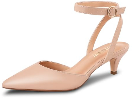 PIZZ ANNU Kitten Heel Shoes for Women Low Heel Pointed Toe Court Shoes for Women Ankle Strap Stiletto Heels Size 3-9