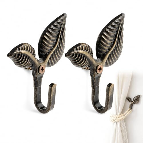 2 Pcs Bronze Double Leaf Tiebacks, Antique Curtains Tieback Hooks, Coat Hooks, Curtain Tie Backs, Gold Curtain Tie Backs, For Café, Living Room Drapes, Bedroom Window Decor, Vintage-style Home Accents