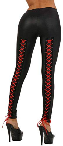 MISS NOIR 18256 dam wetlook leggings S-3XL med satin snörning bak låg midja byxor sexiga klubbkläder, Svart/röd, L-XL