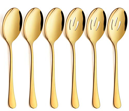 LIANYU 6 Pack Gold Serving Spoons Set, Large Slotted Spoons, Stainless Steel Buffet Dinner Restaurant Golden Serving Utensils, Catering Set for Party Banquet, 9.8 Inch