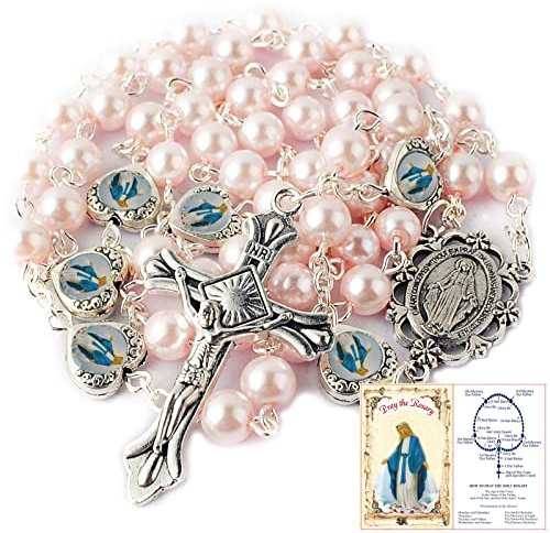 HanlinCC Glass Pearl Beads with Miraculous Epoxy Heart Metal Beads Rosary Necklace pack in Velvet Gift Bag with Rosary Pray Card (Pink)
