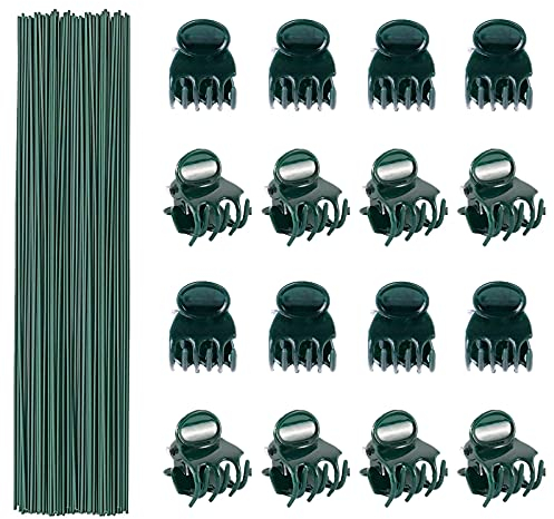 50 Stück Gartenstäbe, Pflanzenstützstäbe, Blumenstäbe, grüne Pflanzenstecker mit 100 Pflanzenstützen, Clips für Zuhause, Garten, Pflanze, Blumen (40 cm)