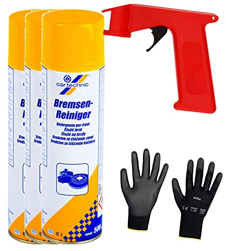 Iloda® Schutzhandschuhe + Sprüh-Pistolengriff (rot oder schwarz) + 3X 500ml cartechnic Bremsenreiniger Spray, Entfetter, Ölentferner, Fettentferner