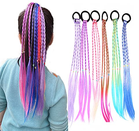 6 Pcs Haarsträhnen Kinder Set, Kinder Geflochtene Haare, Geflochtene Haare Kinder, Kinder Bunte Haare mit Elastischem Seilband für Mädchen Frauen Party Geburtstag Sport und Reisen(Mehrfarbig)