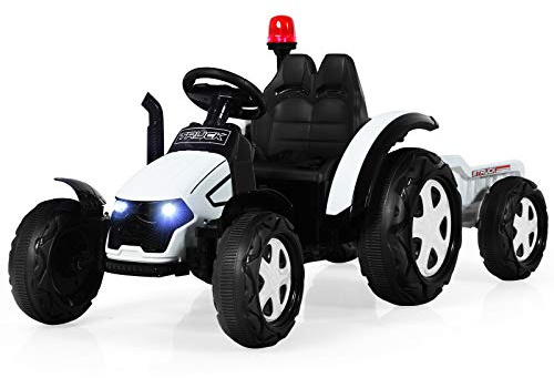 GOPLUS Elektrotraktor für Kinder 3-8 Jahren, 12V Traktor mit 2,4G Fernbedienung/abnehmbarem Anhänger/Scheinwerfer/Hupe/MP3-Player/USB-Anschluss/Warnleuchte, Spielzeugtraktor, Aufsitztraktor (Weiß)