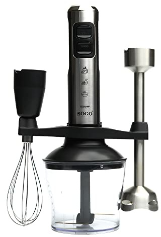 SOGO Set de Batidora de Mano Alta Potencia 1500W SS-14480 | Batidora Eléctrica Multifunción con Pie Extra Largo de Acero Inoxidable | 4 Hojas Titanio Gold | Vaso 800ml y Accesorios de Cocina