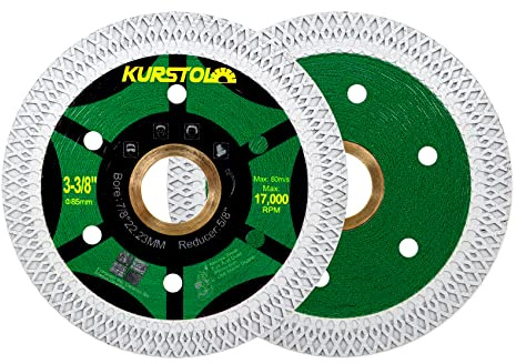 KURSTOL Diamond Tile Cutting Disc - 2pcs 3-3/8/85mm Super Thin Diamond Cutting Wheel Wheel,Bore 22.23-15.875mm for Porcelain Tile Ceramic Marble Granite