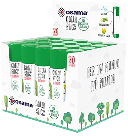 Osama - Colla Stick Extra Forte, Box da 20 Pezzi, 20 gr - Set Colle Stick Ideale per Cancelleria Scuola, Ufficio e Università - Scorrevole, Resistente e Adatta ai Bambini, con Ingredienti Naturali