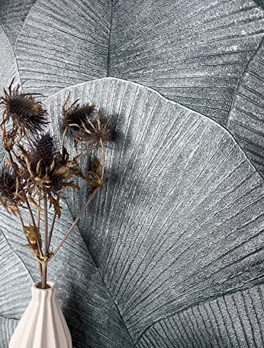 Newroom Vliestapete Silber Dschungel Tapete Metallic Wohnzimmer | Fächerförmige Palmblätter mit Reliefprägung, changierender Glanz in Grautönen, Mustertapete für Schlafzimmer und Flur