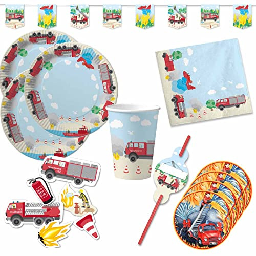 Firlefantastisch Der Partyshop: Feuerwehr-Partybox für 10 Kinder - Teller, Becher, Servietten, Wimpelkette, Trinkhalme, XXL-Konfetti, Sticker - Kind, Indoor, Papper, Keine Batterien, Manuell