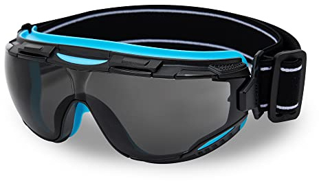 DEX FIT Safety Goggles SG220, Wide-Vision Lab & Chemical Splash Eye Protection, Anti-Fog & Scratch Resistant, Soft Seal, Z87.1 Approved; Black/Blue, Smoke Tinted Lens, 30mm Strap, 1 PC