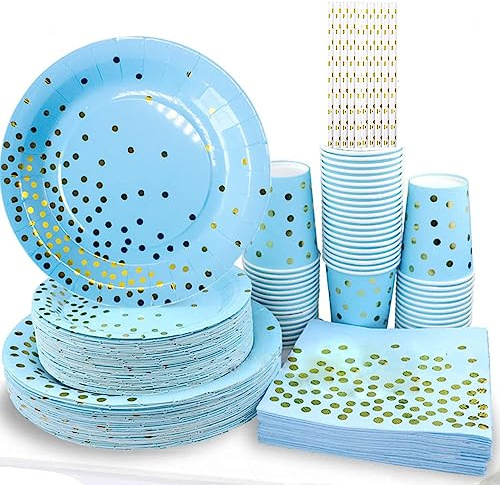 80pcs Blue and Gold Party Tableware Set, 20 Guests Birthday Decoration Party Supplies Set Includes Paper Plates Cups Napkins Straws Golden Dot Paper Tableware Set