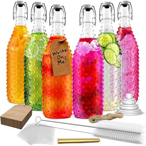 Nevlers 33 Oz Swing Top Glass Bottles with Lids | Flip Top Glass Bottle 6 Pack with Shrink Wrap, Funnel, Brush, Marker & Tags | Kombucha, Dressing or Coquito Bottles with Caps | Clear Wine Bottle Set