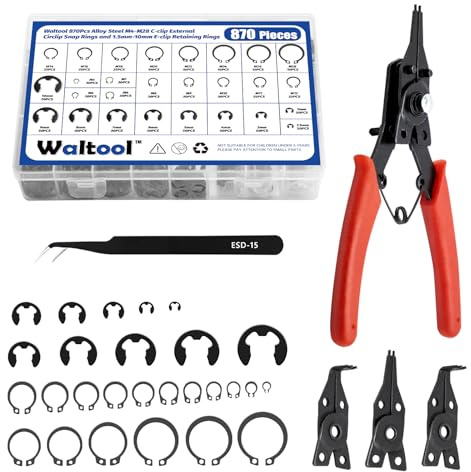 Waltool 870Pcs Alloy Steel M4-M28 C-Clip External Circlip Snap Rings and 1.5mm-10mm E-Clip Retaining Rings with Snap Ring Pliers for Automobiles Motorcycle Lawnmowers Electrical Appliances