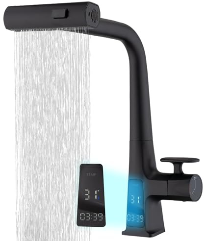 Black Waterfall Kitchen Sink Faucet with LED Temperature and Usage Time Display, Single Hole Kitchen Rain Faucet with Pull Down Sprayer, 3 Modes(Waterfall, Stream, Sweep) 360° Swivel -Matte Black