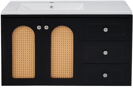 I0I&I0I Badmöbel-Set,Waschbecken in Breite 90 cm, Waschplatz mit 3 Schubladen, Badschrank (SchwarzGold)