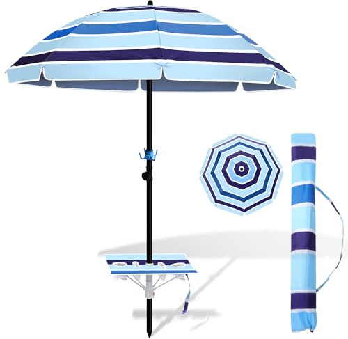 Eulenke einstellbar Strandschirm Sonnenschirm Strand Ø 213cm, UV50+, mit Tisch&Haken&Tragetasche, stark Regenschirmrahmen und Regenschirmgriffstruktur，Anti -Wind und Haltbarkeit，Blau gestreift