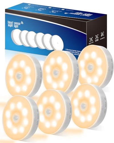 Evolpor Motion Sensor Lights Indoor, 3 Modes Cupboard Lights, Rechargeable LED Stair Lights, USB Charging Night Lights, Sensor Step Light for Kitchen Stair Closet Under Cabinet (Warm White, 6 Pack)