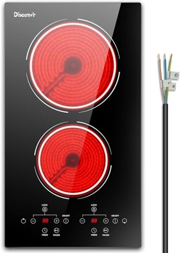 Placa Vitrocerámica 2 Fuegos 3000W, Vitroceramica Induccion Empotrable, Placa Electrica Cocina con Función de Pausa, Nivel de Potencia 9, Control de Tacto, Cronómetro
