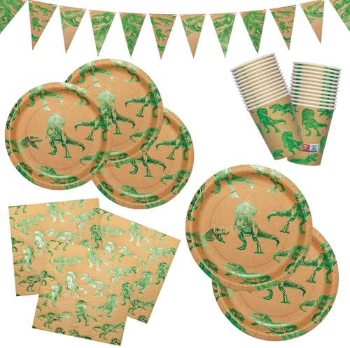 HNH Dinosaurier Partygeschirr Set Grün Folie Party Pappteller, Servietten, Pappbecher, Banner 112er-Set für Kinderparty
