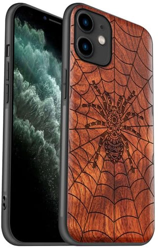 Carveit Coque en Bois pour iPhone 11 Étui Protection Artistique Cover TPU Souple de téléphone Antichoc Compatible avec Apple 11 Etui (Rosé-Toile d'araignée)
