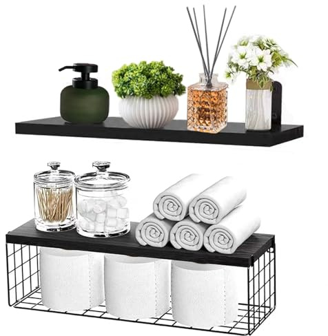 HEIYUET 2er Set Wandregal Holz Hängend, 40cm Schwebende Wandregale Schweberegal mit Drahtkorb, Regal Wand Holz Hängeregal Wandboard für Badezimmer, Wohnzimmer, Schlafzimmer, Küche