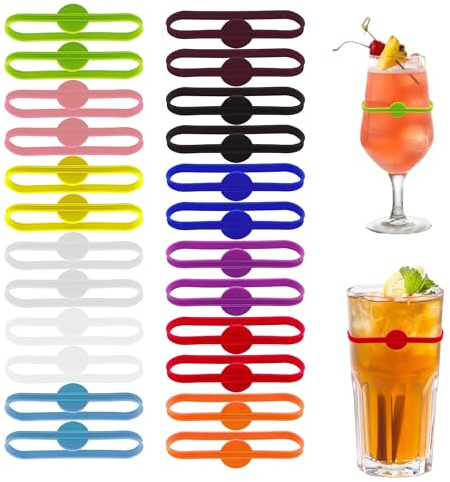 24 Stück Glas Markierung Trinkgläser Wiederver Wendbare Glasmarkierer Silikon Bunte Markierung für Gläser Glasmarkierer Gläser Markieren für Weingläser Wassergläser Cocktailbar Gläser Markieren Party