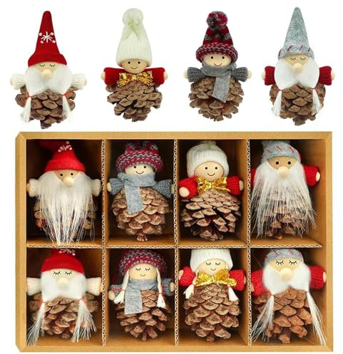 HERZONE Decorazioni Albero di Natale Ciondoli, 8 Pezzi Pigne Naturali Piccolo Gnomo Pendenti Addobbi Natalizi Regali, Fatte A Mano Bambola Folletto di Natale Decori per Camino