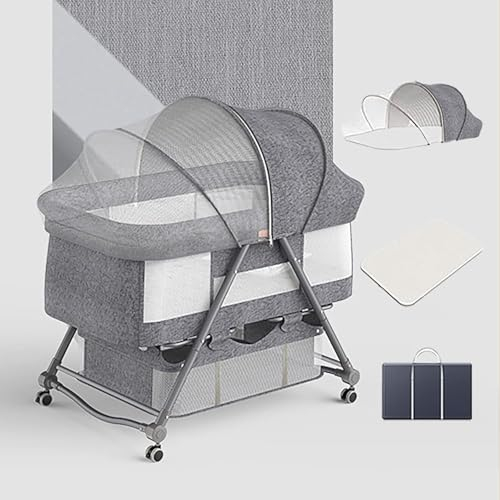 SAYEYBU Babywiege, Verstellbares Beistellbett FüRs Baby, Einfach Zusammenklappbares, Tragbares Babybett, Mit Bequemer Matratze, Moskitonetz Und Stauraum,Grau