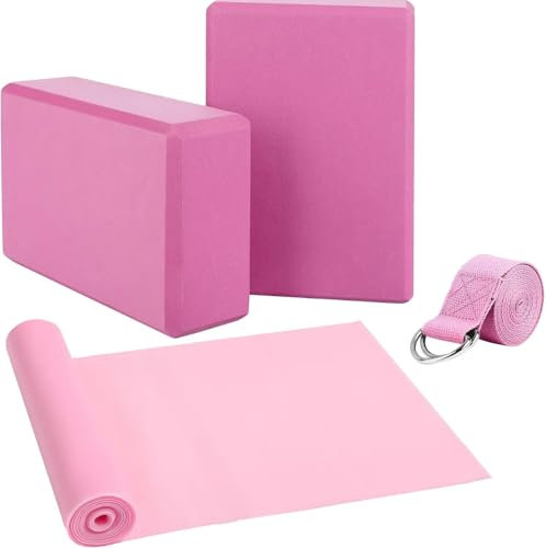 Yoga Blocks Set of 2 with Strap and Elastic Resistance Band EVA Foam Soft and Sturdy Non-Slip Lightweight Yoga Bricks for Balance, Stretching, Pilates, Meditation, and Deep Flexible Poses