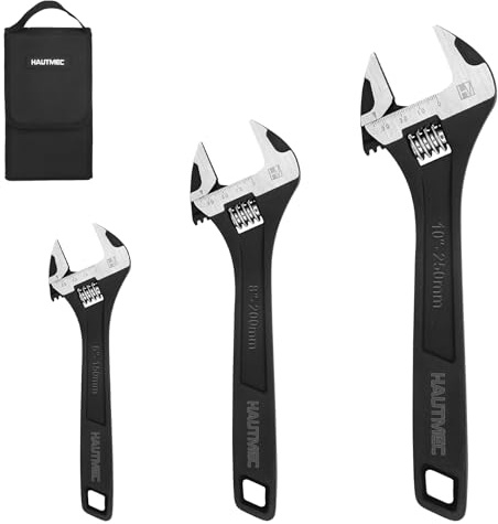 HAUTMEC 3PCS Adjustable Wrench Set Extra Wide Jaw Black Finish Adjustable Spanner Drop-Forged CR-V Steel Metric & SAE Scales Wrench Set(150mm & 200mm & 250mm) for Home Garage Workshop DIY
