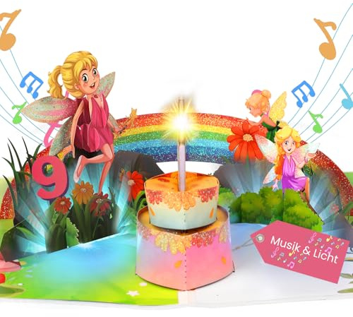 Geburtstagskarte für 9 Jahre Mädchen, 3D Fee Geburtstagskarten mit Musik, Pop-up Singende Karte Geburtstag mit LED Licht Kerze für 9 Jahre Mädchen, Tochter, Enkelin