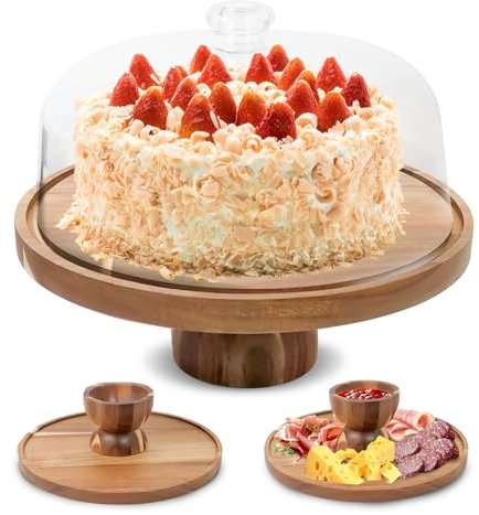 HOTTOR Acacia Wood Cake Stand with Lid - 12in Cake Stand with Dome,2 in 1 Cake Stand and Charcuterie Board for Cheese, Chips, Fruit Platter, Large Acrylic Cake Dome Cover