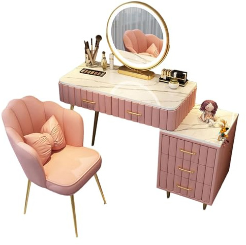 Romyqpipy Postazione Trucco con Led Specchio Regolabili Toilette Trucco con Sgabello, 5 Cassetti, 1 Armadietto Mobile Mobili per La Camera Da Letto per Camera Delle Ragazze Assemblaggio Facile