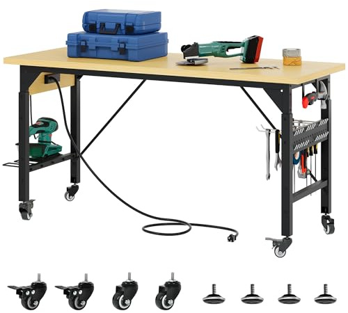 DWVO 60 Adjustable Workbench on Wheels, Garage Tool Work Bench with Outlets & Wheels, Heavy-Duty 1600 LBS Load Capacity Work Table for Workshop, Office, Home, or Outdoor Use