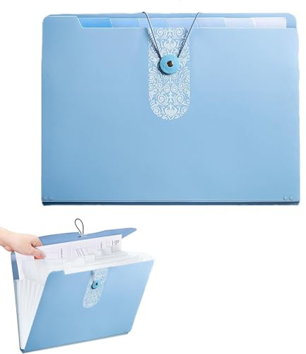 Fächermappe A4 Mit 12 Fächer, Dokumentenmappe Aus PP, Ordnungsmappe Mit Druckknopf, Dokumenten-Organizer, Aktenordner, Mappe A4 Mit Etiketten Für Reise, Back to School, Postmappe Ordner(Blau 1)