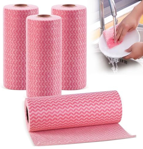 dogmoon J Cloth Roll, 4 Rolls All Purpose Cloths, 180 Sheets Disposable Cleaning Cloths, Reusable Cleaning Cloth for Kitchen Bathroom Window Soft(Red)