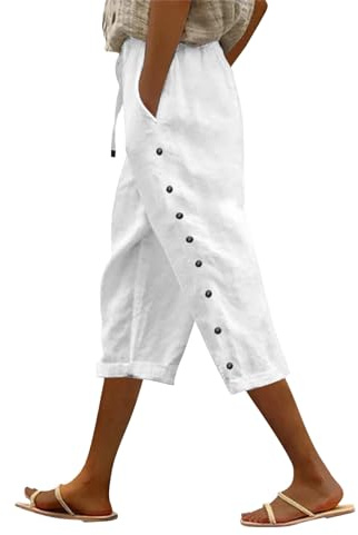 Linen Trousers Womens Drawstring Elastic Waist Cropped Trousers Lightweight Summer Capri Pants with Pockets Casual 3/4 Length Trousers Beach Pants for Ladies